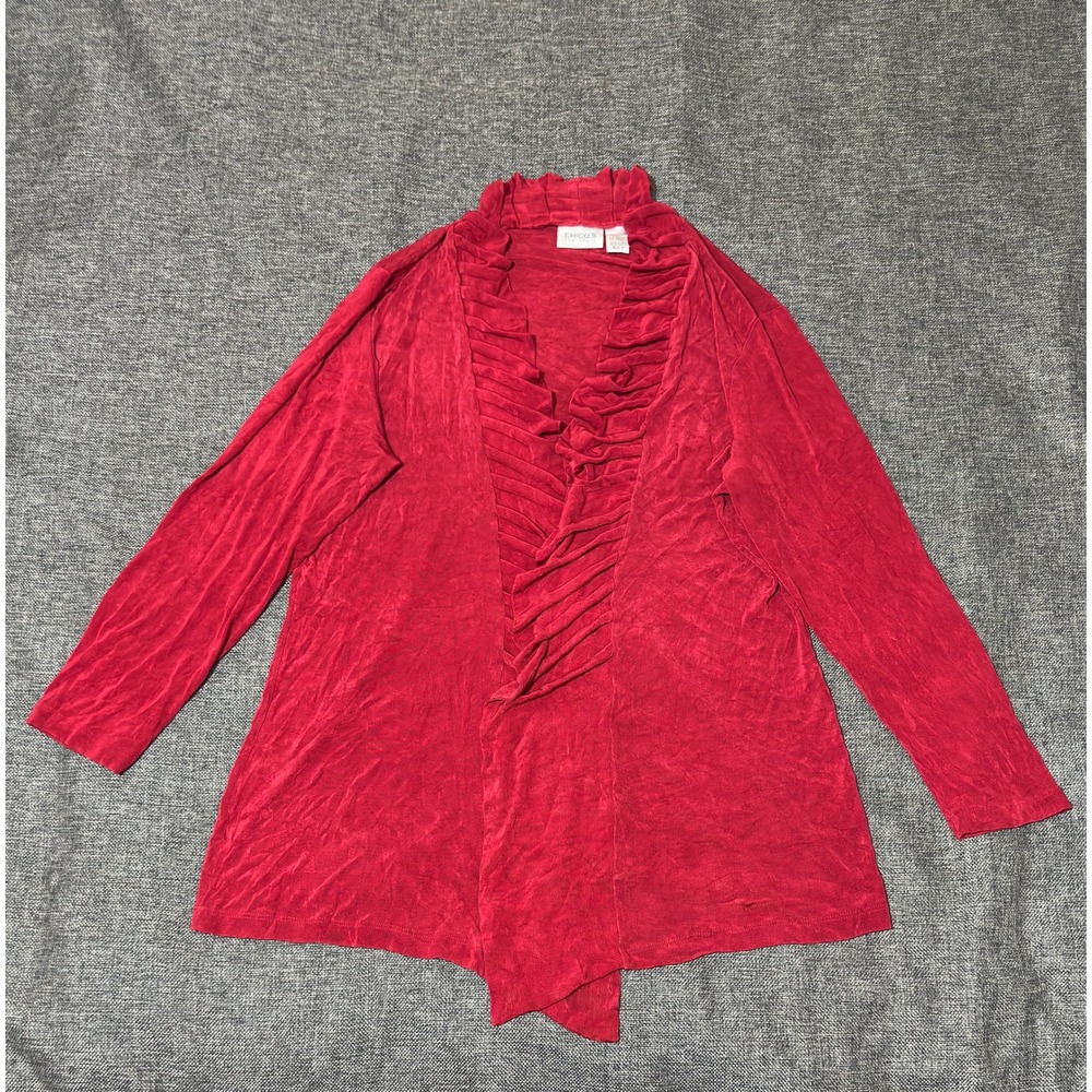 Chico's Womens Size 3 Top Travelers Ruffle Neck Red Long Sleeve Acetate Blend